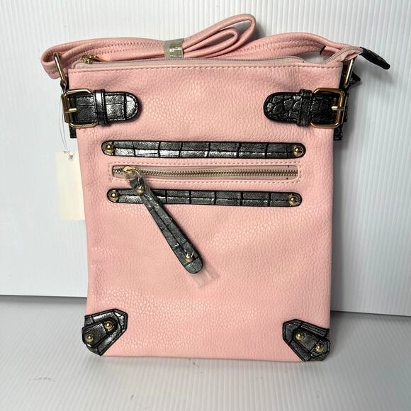 New Women's Multi Zip Pocket Rectangle Crossbody Handbag Pink Gray Purse - Picture 1 of 9